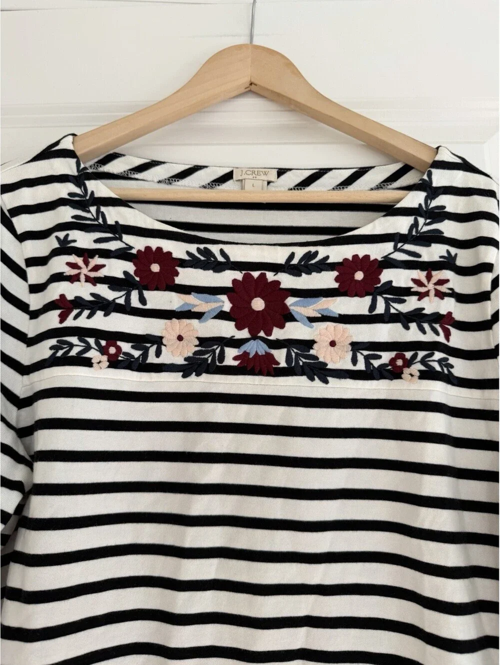 J.Crew Women’s Striped Floral Embroidered Bell Sleeve Top Size L French Nautical